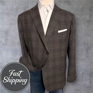 Joseph Abboud Mens Blazer 52R Wool Sport Coat Two Button Jacket Windowpane Brown